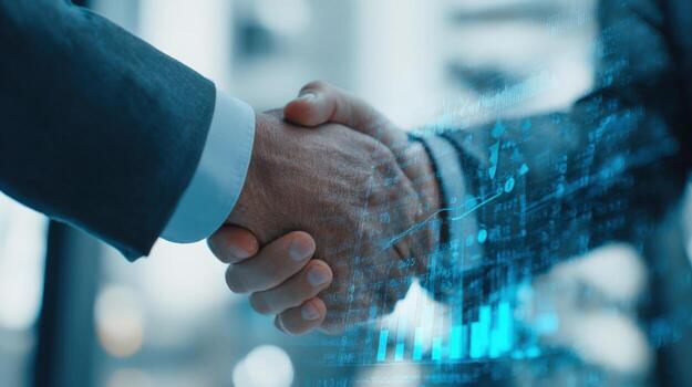 Close-Up of Business Handshake with Futuristic Data Overlay, Representing Partnership, Collaboration, and Technological Advancement photo