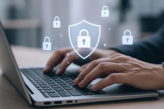Cybersecurity Professional Working on Laptop with Lock Icons Representing Data Protection and Online Security photo
