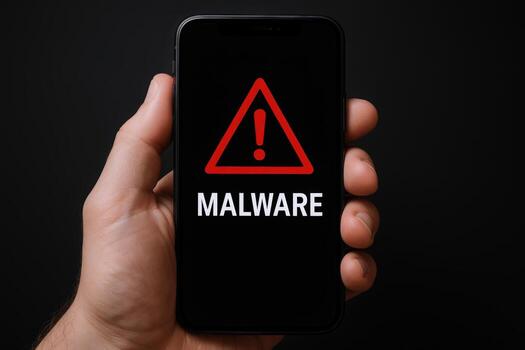 Smartphone displaying malware warning with red triangle and exclamation point in a persons hand photo