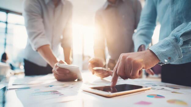 Business Team Collaboration on Project Strategy Using Digital Tablet and Data Charts, Brainstorming in Office photo