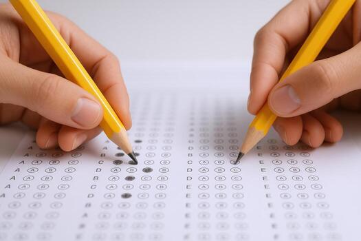 Hands Completing Standardized Test with Pencils on Answer Sheet, Academic Assessment Concept photo