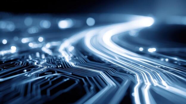 Abstract Futuristic Technology Background with Glowing Lines, Data Flow and Circuit Board Design photo
