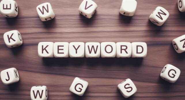 Keyword Concept Wooden Table with Letter Cubes Spelling Keyword for Search Engine Optimization photo