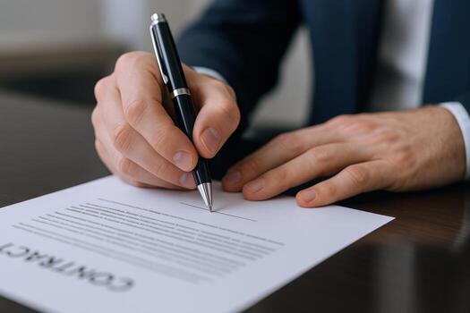 Contract Signing Close-up of Hand with Pen Finalizing Agreement on Paperwork, Symbolizing Business Deal and Commitment photo