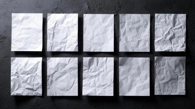 Ten Square Crumpled White Paper Sheets Arranged on a Dark Textured Background, Ideal for Mockups and Creative Projects photo