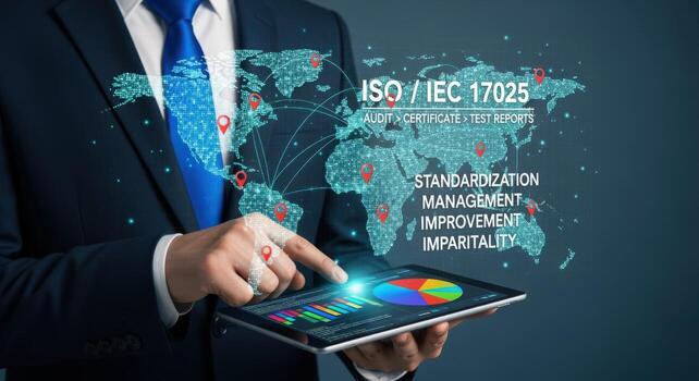 Global Standardization and Quality Control Businessman Using Tablet for Audit and Compliance Management photo