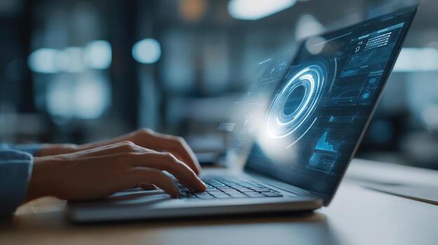 Hands Typing on Laptop Displaying Futuristic HUD Graphics for Technology and Business Solutions photo