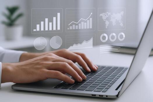 Data analysis on laptop, business intelligence with graphs and charts, financial report analyzing concept photo