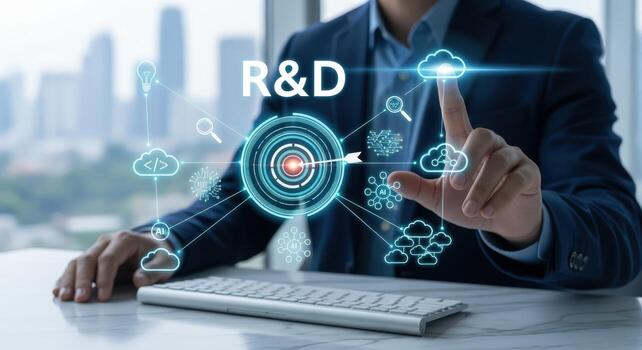 investigación y desarrollo concepto empresario señalando a digital objetivo con tecnología íconos y paisaje urbano fondo foto