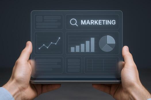 márketing analítica tablero en digital tableta desplegado por manos, negocio inteligencia y estrategia concepto, aislado foto