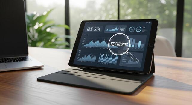 Data Analytics on Tablet Display with Magnifying Glass and Graphs Illustrating Business Intelligence photo