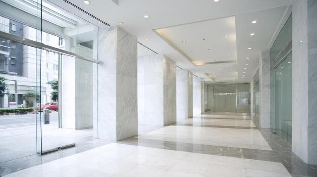 Modern Office Lobby with Marble Flooring and Natural Light, Emphasizing Cleanliness and Sophistication photo