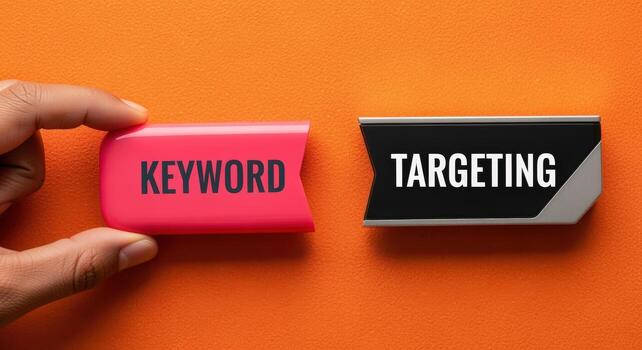 Keyword Targeting Strategy Conceptual Hand and Blocks on Orange Background Illustrating SEO and Digital Marketing photo