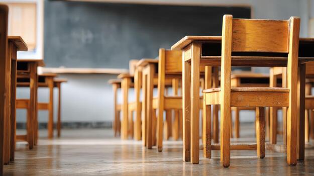 Classroom Desks and Blackboard An Image of Education, Learning Environment, and Academic Setup for Schools photo