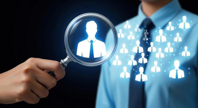 Talent Acquisition Strategy Magnifying Glass Focuses on Ideal Candidate Within a Group of Professionals photo