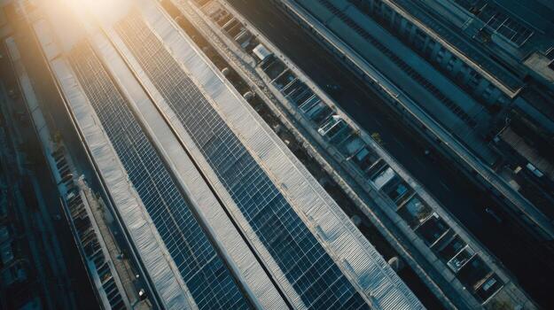 Railway Tracks Converge Aerial View of a Modern Train Station with Overlapping Parallel Lines photo