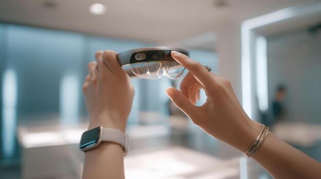 manos interactuando con moderno aumentado realidad lentes para mejorado digital experiencias y innovador tecnología soluciones foto