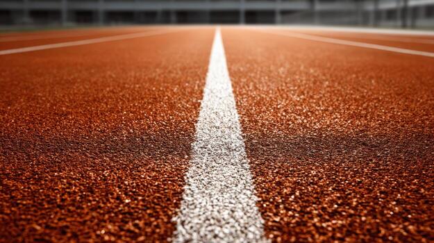 Running Track Perspective Textured Orange Surface with White Line Marking Finish Or Start photo
