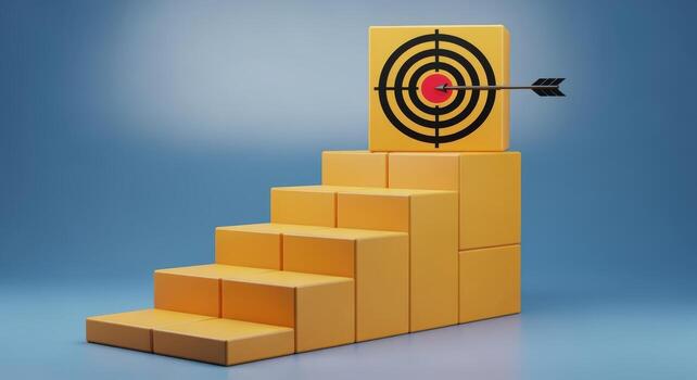 Stairway to Success Arrow Hitting Target on Top of Steps, Symbolizing Goals and Achievement photo