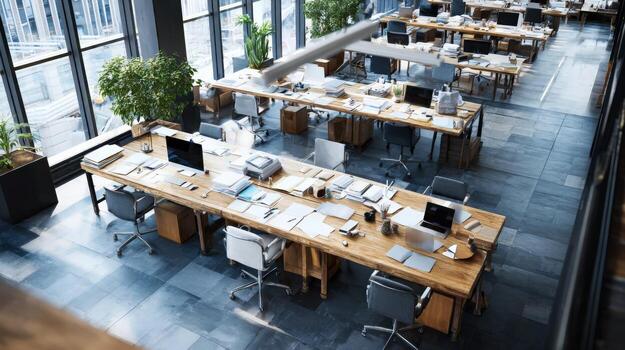 Modern Open Plan Office Space with Natural Light and Greenery for Collaborative Work photo
