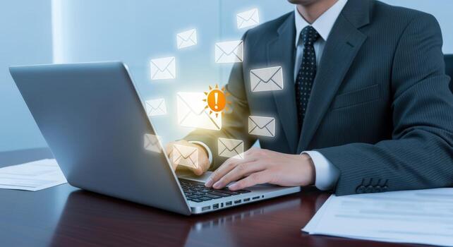 Professional Businessman Using Laptop with Email Notifications, Managing Communications and Online Correspondence in Modern Office photo