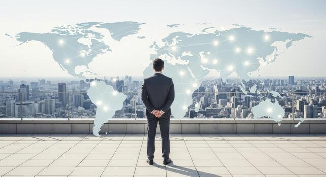 Global Business Expansion Vision Businessman Contemplating Global Network Connectivity atop City Skyscraper with World Map photo