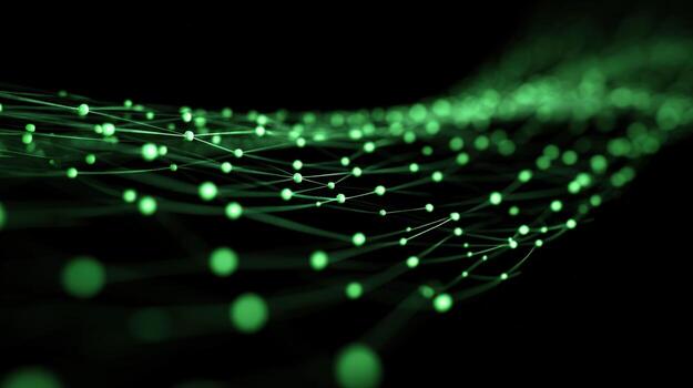 Abstract Green Network Connecting Dots on Black Background Technology, Science and Futuristic Concept photo