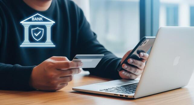 Online Banking Security Man Using Credit Card and Smartphone for Secure Digital Transactions photo