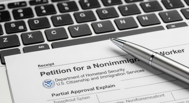 Immigration Petition Form on Keyboard, US Citizenship and Immigration Services Application Document photo
