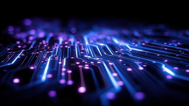 Abstract Circuit Board Design with Glowing Nodes, Representing High Tech Connectivity and Data Processing photo
