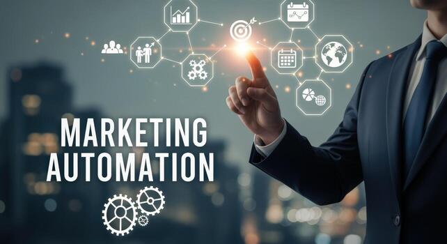 Marketing automation concept Businessman touching virtual interface with business icons for process and workflow optimization strategy photo