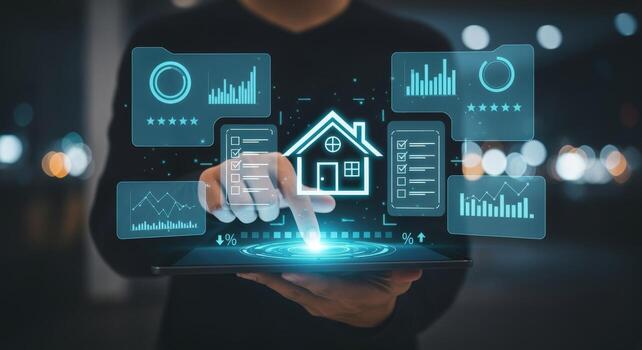 Man interacts with holographic smart home interface using a tablet, visualizing property data and automation photo