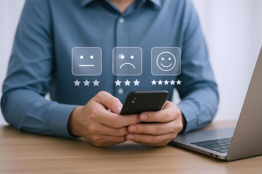 Customer feedback survey displayed on a mobile phone screen with a businessman touching the screen photo