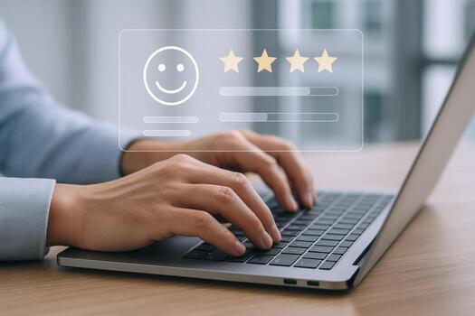 Customer Experience Evaluation Person Typing on Laptop with Feedback Interface Displaying Four Stars photo