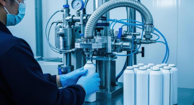 Pharmaceutical Manufacturing Automated Filling of Vials in Cleanroom Environment for Production and Quality Control photo