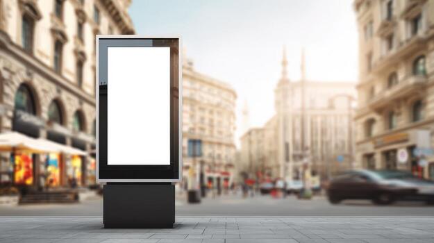 Outdoor Digital Advertisement Display on City Street with Blank White Screen, Ready for Custom Messaging photo