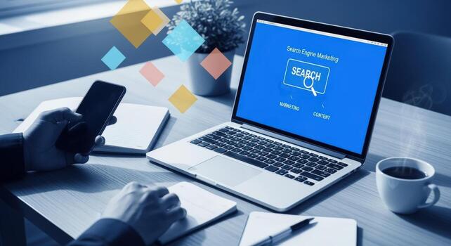 Laptop Displaying Search Engine Optimization Concept with Person Holding Smartphone for Business and Technology Solutions photo