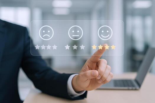 Customer Experience Assessment Businessman Evaluating Satisfaction Level with Positive Feedback on Virtual Interface for Online Survey photo