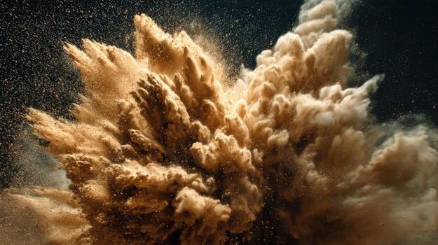Explosion of Fine Sand Particles Creates Dynamic Abstract Design, Earthy Tones, Dark Background photo