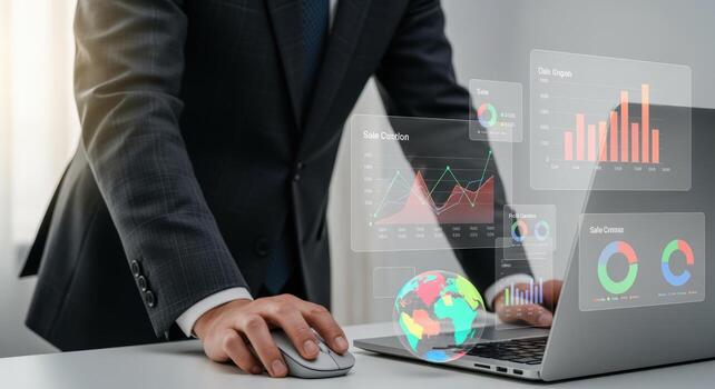 Businessman analyzing data with holographic interface on laptop, global business and financial strategy, future technology concept photo