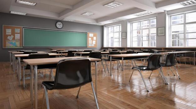 Empty Classroom Interior with Desks, Chalkboard, and Natural Light, Ideal for Education and Learning Concepts photo