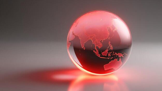 Global Warming Concept Red Glass Globe Showing Asia and Australia on Reflective Surface photo
