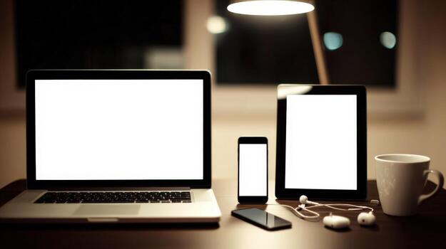 Modern workspace setup featuring laptop, tablet, smartphone, and accessories, providing a blank screen for customizable creative work photo