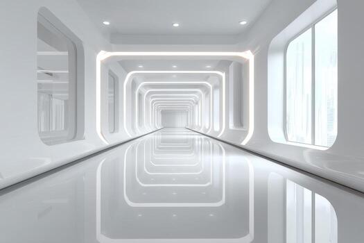 futurista blanco corredor con ventanas, interior diseño concepto para moderno arquitectura y limpiar tecnología foto