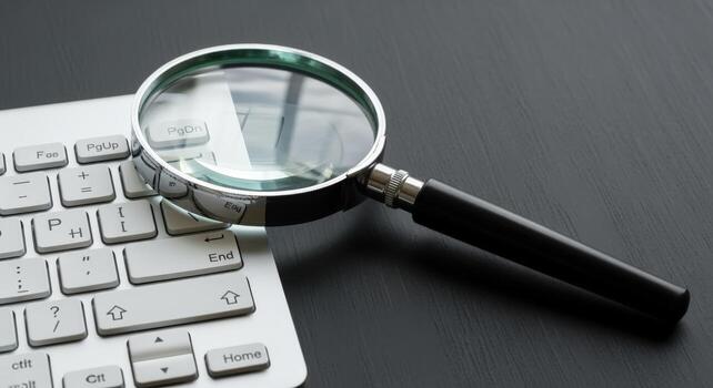 Magnifying Glass Over Keyboard Keys Represents Online Search, Data Analysis, and Cybersecurity photo