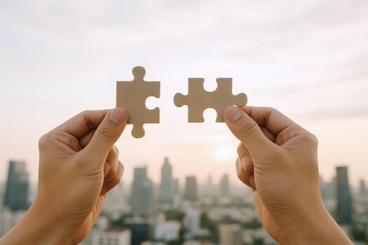 Connecting Solutions Hands Holding Puzzle Pieces Against City Skyline, Symbolizing Unity and Problem Solving photo