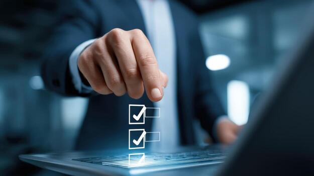 Businessman Ticking Checklist Boxes on Laptop Screen Representing Task Completion and Positive Affirmation for Progress photo