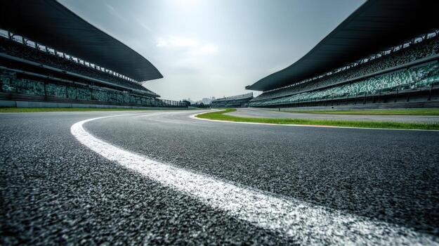 Racing Track Asphalt Turn with Grandstand Seating on a Sunny Day for Motorsport Events photo