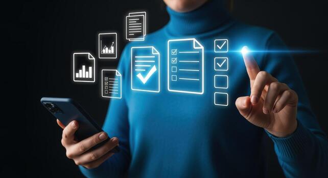 Woman using digital interface for data analysis and document management on a smartphone photo