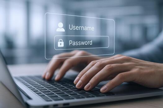 Data protection with laptop and login interface, secure internet access, cyber security concept photo
